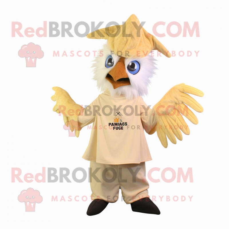 Cream Harpy mascot costume character dressed with a Flare Jeans and Cummerbunds Cream Harpy mascot costume character dressed with a Flare Jeans and Cummerbunds