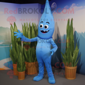 Blue Asparagus mascot costume character dressed with a Jumpsuit and Wraps