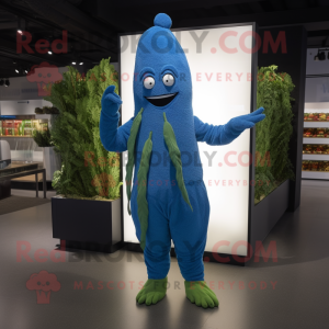 Blue Asparagus mascot costume character dressed with a Jumpsuit and Wraps