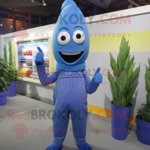 Blue Asparagus mascot costume character dressed with a Jumpsuit and Wraps