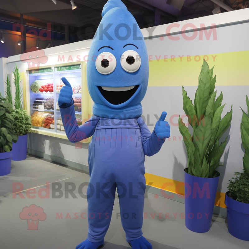 Blue Asparagus mascot costume character dressed with a Jumpsuit and Wraps Blue Asparagus mascot costume character dressed with a Jumpsuit and Wraps
