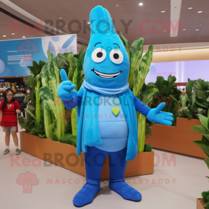 Blue Asparagus mascot costume character dressed with a Jumpsuit and Wraps