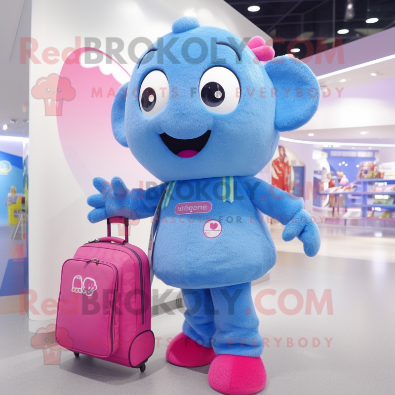 Sky Blue Pink mascot costume character dressed with a Playsuit and Messenger bags Sky Blue Pink mascot costume character dressed with a Playsuit and Messenger bags