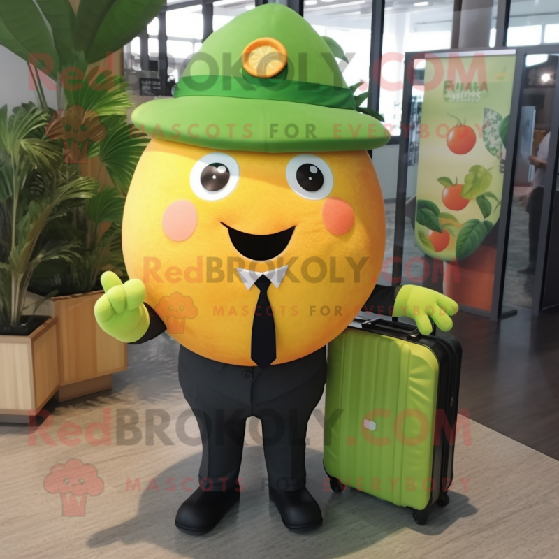 Olive Grapefruit mascot costume character dressed with a Suit and Briefcases