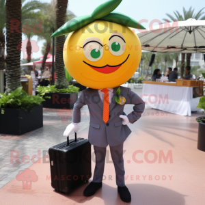 Olive Grapefruit mascot costume character dressed with a Suit and Briefcases