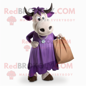 Purple Zebu mascot costume character dressed with a Maxi Skirt and Tote bags