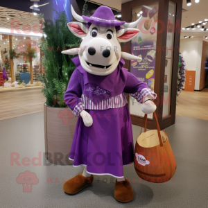 Purple Zebu mascot costume character dressed with a Maxi Skirt and Tote bags