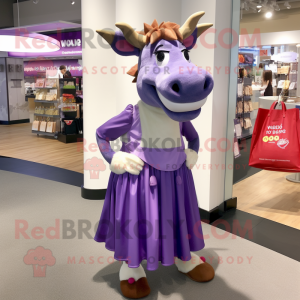 Purple Zebu mascot costume character dressed with a Maxi Skirt and Tote bags