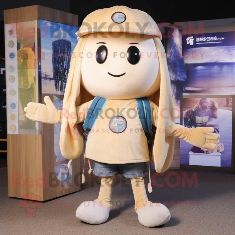 Beige Jellyfish mascot costume character dressed with a Denim Shorts and Keychains