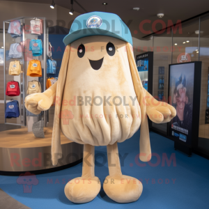 Beige Jellyfish mascot costume character dressed with a Denim Shorts and Keychains