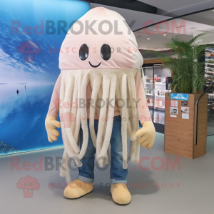 Beige Jellyfish mascot costume character dressed with a Denim Shorts and Keychains