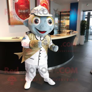 White Fish And Chips mascot costume character dressed with a Jacket and Bracelet watches