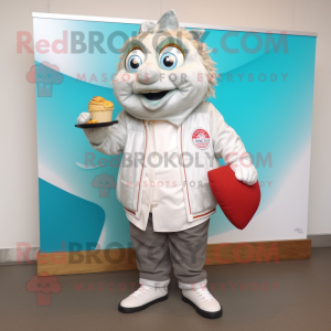 White Fish And Chips mascot costume character dressed with a Jacket and Bracelet watches