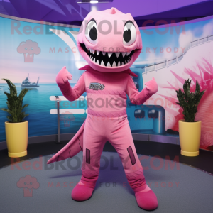 Pink Barracuda mascot costume character dressed with a Bodysuit and Belts
