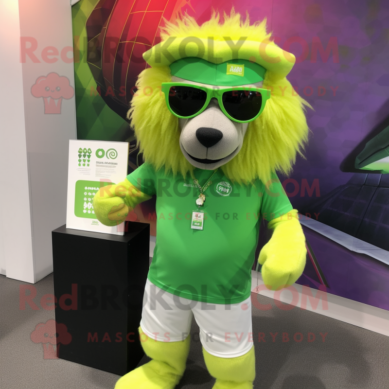 Lime Green Lion mascot costume character dressed with a Henley Tee and Sunglasses