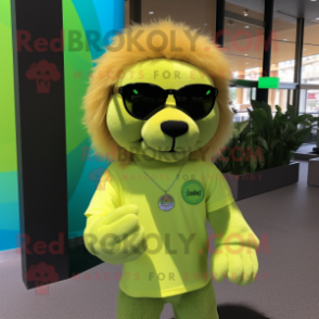 Lime Green Lion mascot costume character dressed with a Henley Tee and Sunglasses