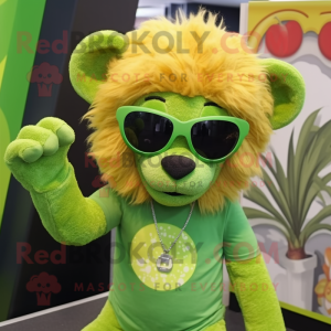 Lime Green Lion mascot costume character dressed with a Henley Tee and Sunglasses