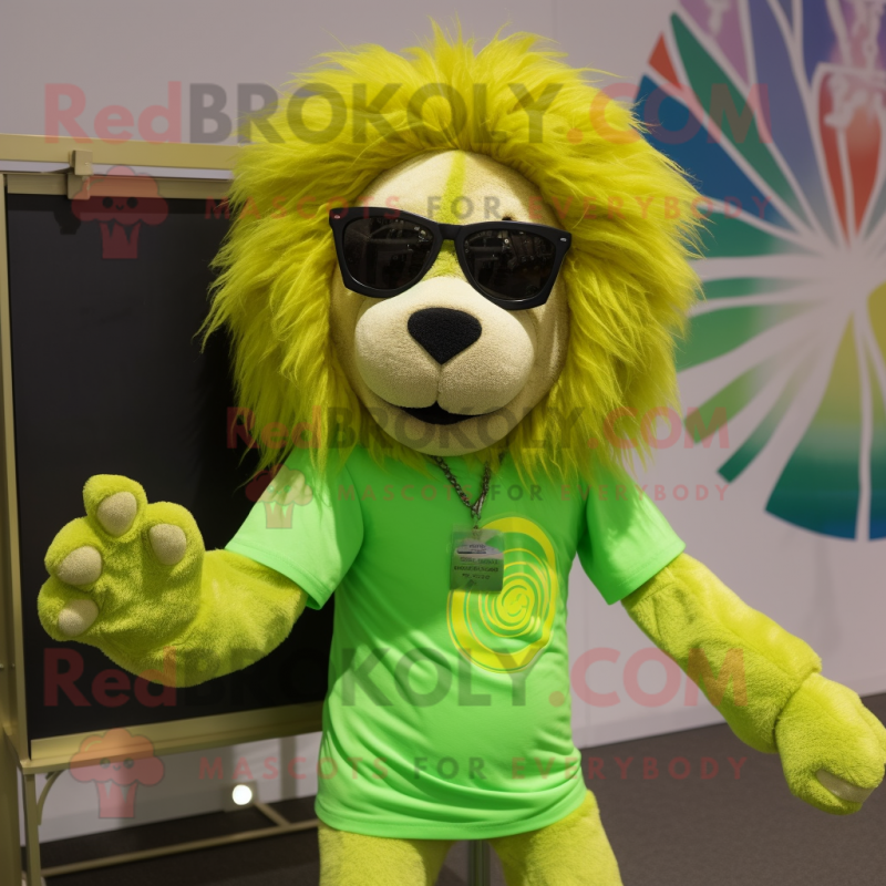 Lime Green Lion mascot costume character dressed with a Henley Tee and Sunglasses