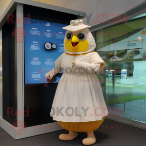 Cream Hens mascot costume character dressed with a A-Line Skirt and Smartwatches