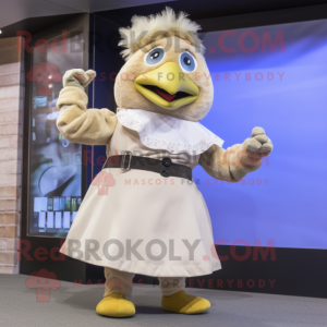 Cream Hens mascot costume character dressed with a A-Line Skirt and Smartwatches
