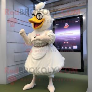Cream Hens mascot costume character dressed with a A-Line Skirt and Smartwatches