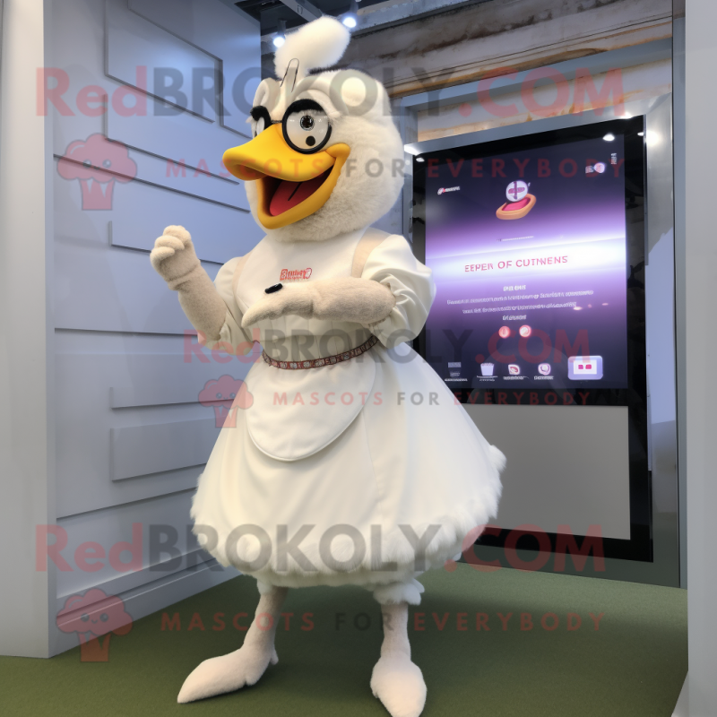 Cream Hens mascot costume character dressed with a A-Line Skirt and Smartwatches Cream Hens mascot costume character dressed with a A-Line Skirt and Smartwatches