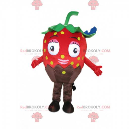 Mascote morango vermelho chocolate, traje gourmet -