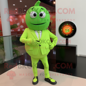 Lime Green Pumpkin mascot costume character dressed with a Suit Pants and Smartwatches