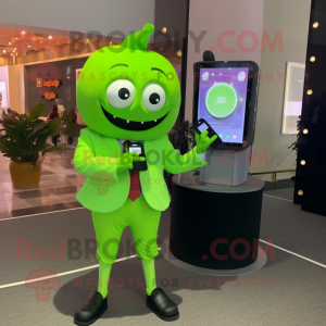Lime Green Pumpkin mascot costume character dressed with a Suit Pants and Smartwatches