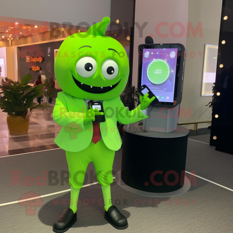 Lime Green Pumpkin mascot costume character dressed with a Suit Pants and Smartwatches Lime Green Pumpkin mascot costume character dressed with a Suit Pants and Smartwatches