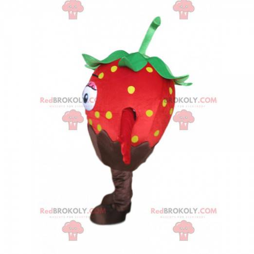Mascotte de fraise rouge au chocolat, costume gourmand -