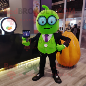 Lime Green Pumpkin mascot costume character dressed with a Suit Pants and Smartwatches