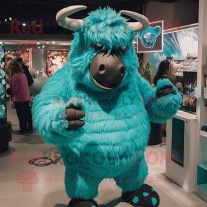 Turquoise Woolly Rhinoceros mascot costume character dressed with a Bodysuit and Brooches