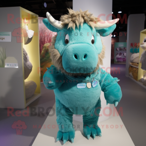 Turquoise Woolly Rhinoceros mascot costume character dressed with a Bodysuit and Brooches