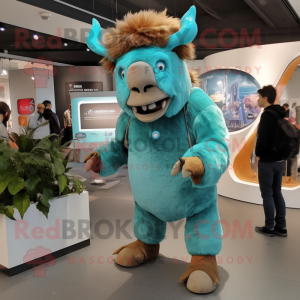 Turquoise Woolly Rhinoceros mascot costume character dressed with a Bodysuit and Brooches