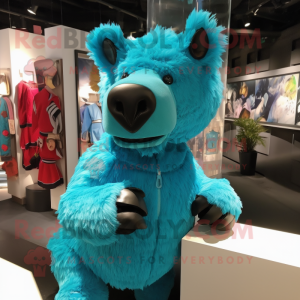 Turquoise Woolly Rhinoceros mascot costume character dressed with a Bodysuit and Brooches