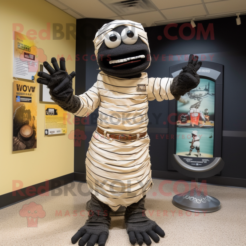 Black Mummy mascot costume character dressed with a Baseball Tee and Bracelets