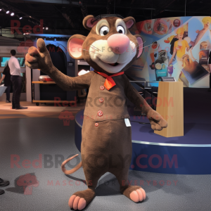 Brown Ratatouille mascot costume character dressed with a Yoga Pants and Lapel pins