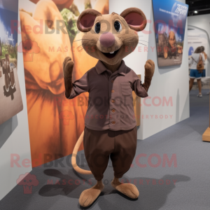 Brown Ratatouille mascot costume character dressed with a Yoga Pants and Lapel pins