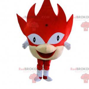 Mascote monstro vermelho com cabeça gigante e fantasia festiva
