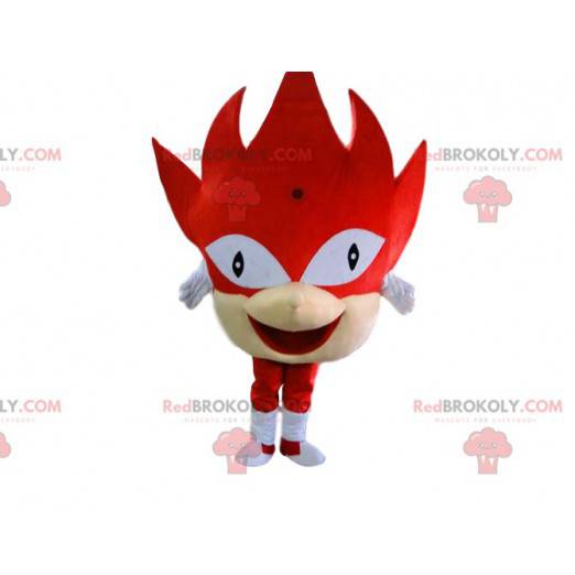 Mascote monstro vermelho com cabeça gigante e fantasia festiva