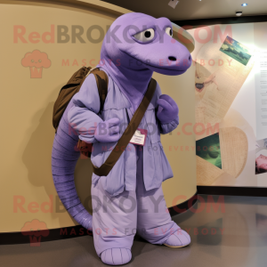 Lavender Titanoboa mascot costume character dressed with a Jacket and Messenger bags