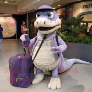 Lavender Titanoboa mascot costume character dressed with a Jacket and Messenger bags