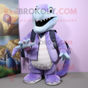 Lavender Titanoboa mascot costume character dressed with a Jacket and Messenger bags