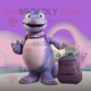 Lavender Titanoboa mascot costume character dressed with a Jacket and Messenger bags