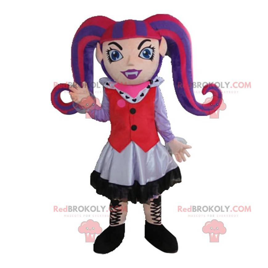 Mascota de niña gótica, colorido disfraz de niña punk -