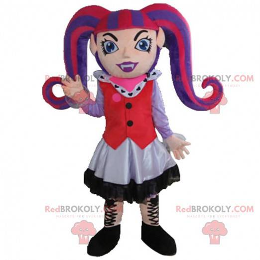 Mascota de niña gótica, colorido disfraz de niña punk -