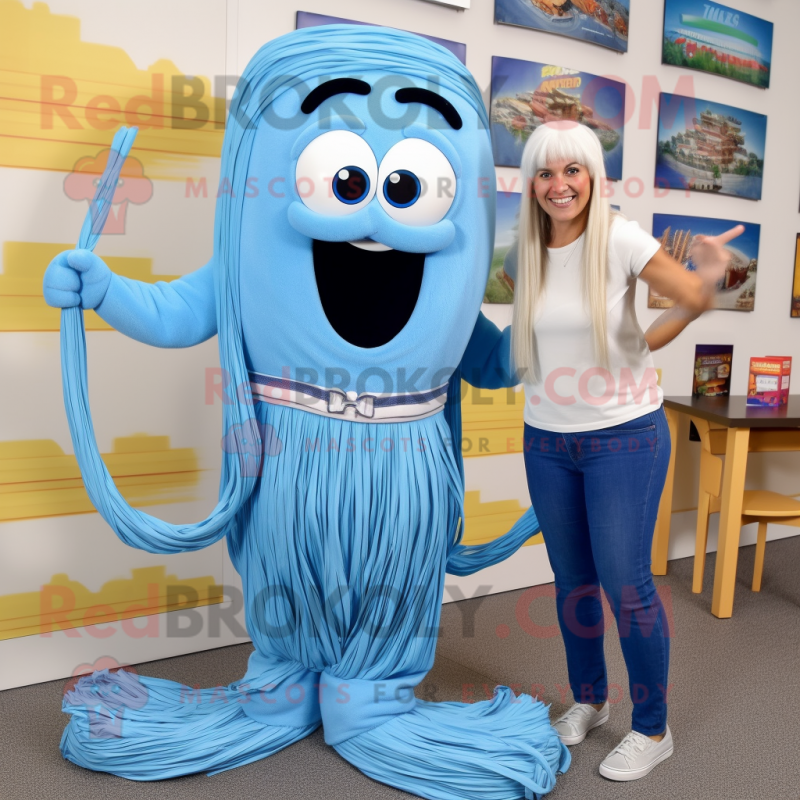 Blue Spaghetti mascot costume character dressed with a Mom Jeans and Belts Blue Spaghetti mascot costume character dressed with a Mom Jeans and Belts