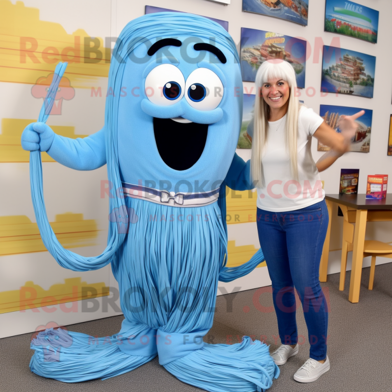 Blue Spaghetti mascot costume character dressed with a Mom Jeans and Belts