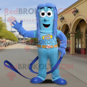 Blue Spaghetti mascot costume character dressed with a Mom Jeans and Belts